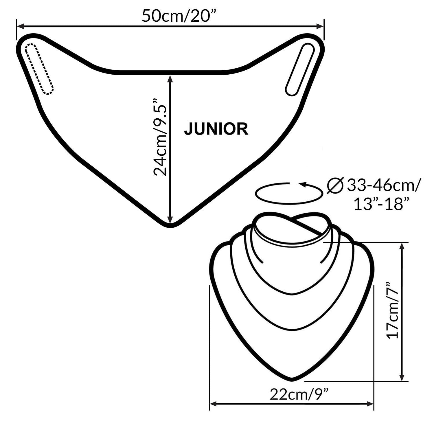 Care Designs Junior Neckerchief Bib dimensions infographics x2