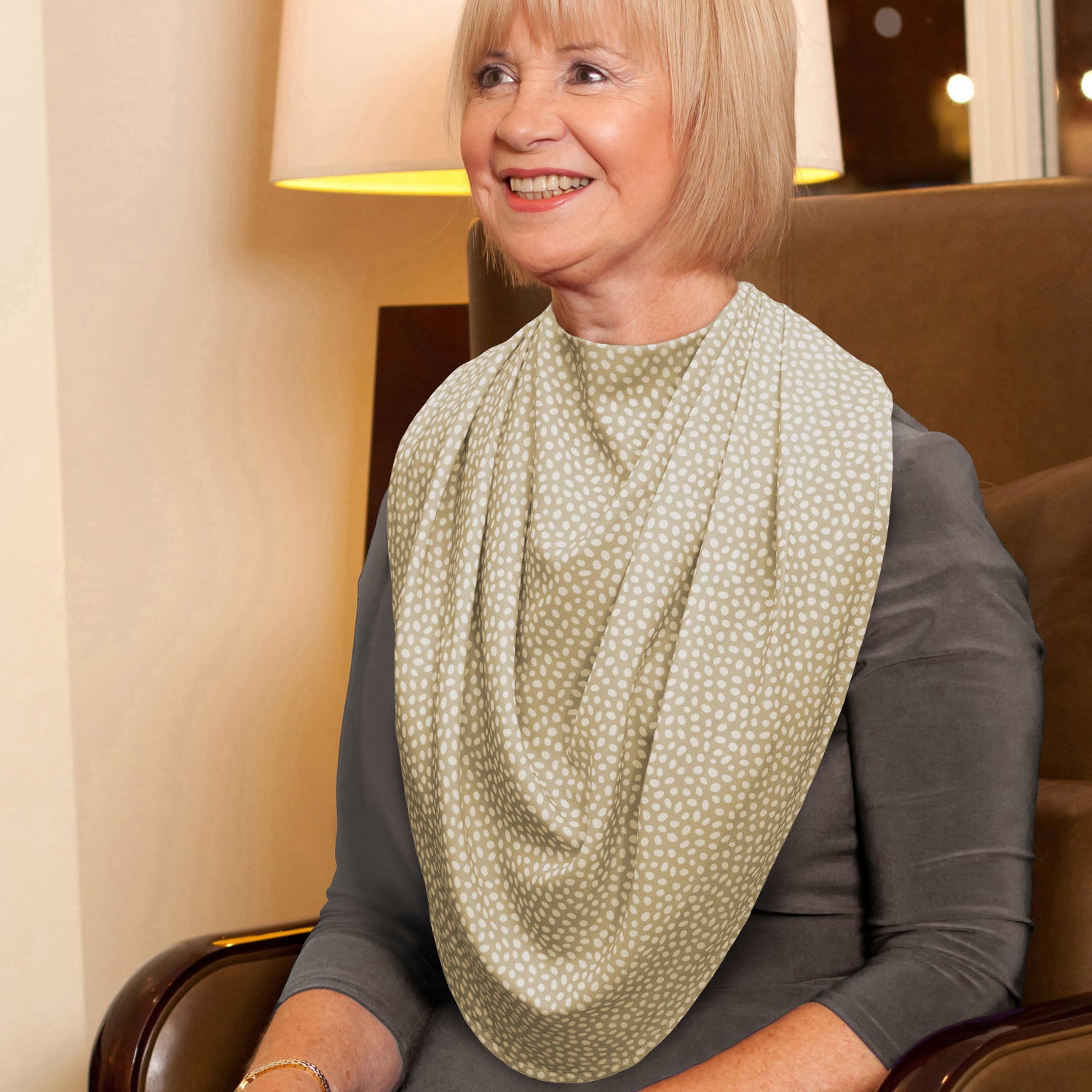 Care Designs Pashmina Scarf Bib KHAKI DOTS2 Grey RHS 72dpi