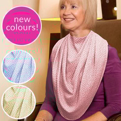 Care Designs Pashmina Scarf Bib PINK DOTS RHSwoman-V2 72dpi