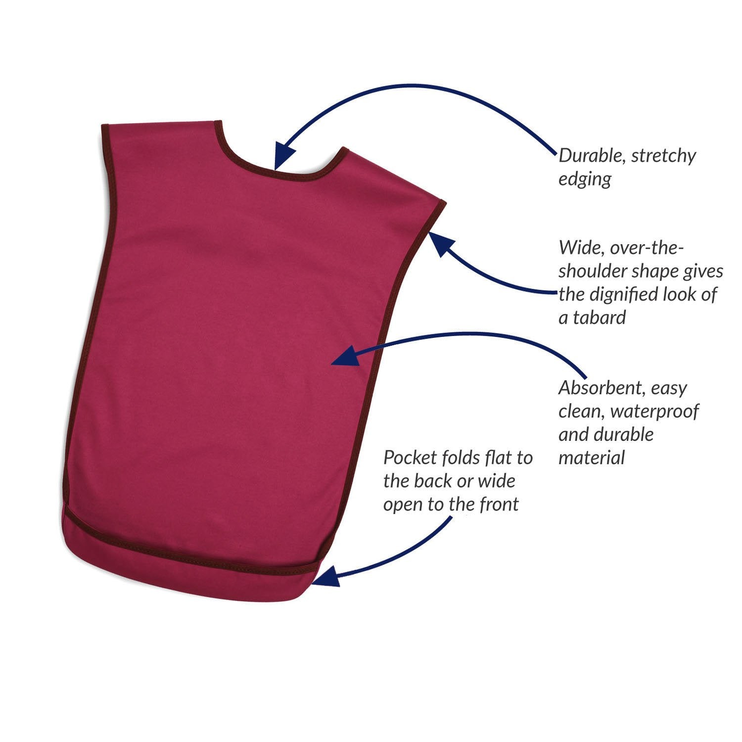 Care Designs Tabard adult bib BURGUNDY infographic 2D